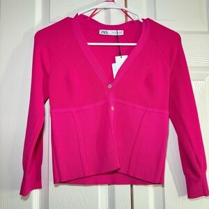 Zara Barbie Pink Seam Detail Knit Cropped Cardigan Fit Sweater - NWT - Small